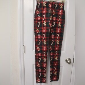 Christmas Leggings Red Plaid candy canes gingerbread men hot cocoa pants pjs NEW